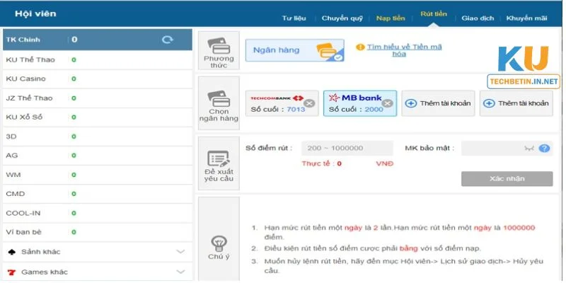 KUBET Bạn có thể dễ dàng rút thưởng mà không hề mất phí.